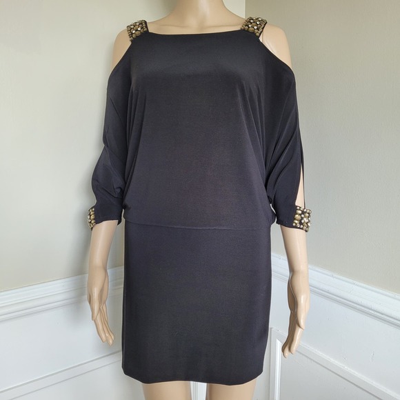Aqua Dresses & Skirts - Aqua Womens Black Cold Shoulder Rhinestone Beaded Tunic Dress 3/4 Sleeve Size 2